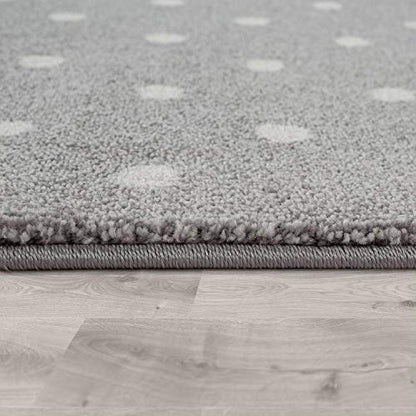 Paco Home Kids Rug for Nursery Checkered with Dots & Stars in Blue White Grey, Size: 3'11" Round
