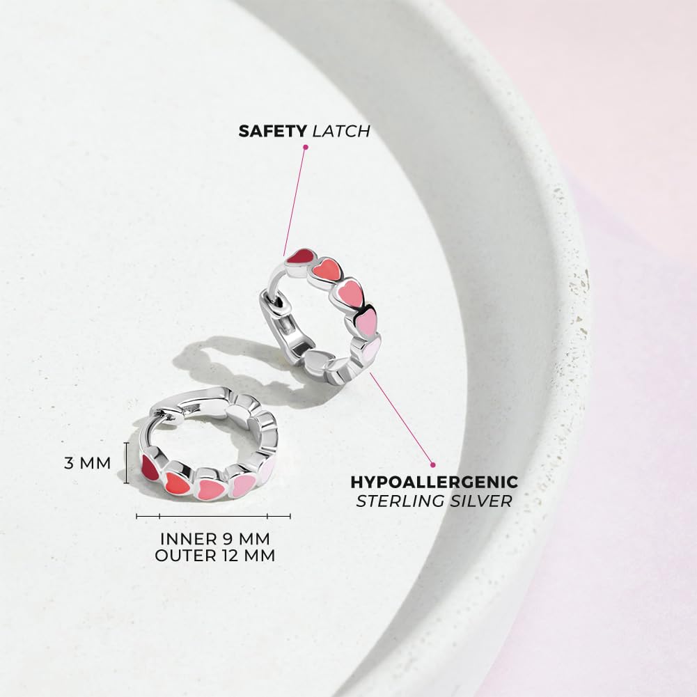 925 Sterling Silver Tiny Heart Enamel Huggie Hoop Earrings - Multicolored Heart Themed Hoops