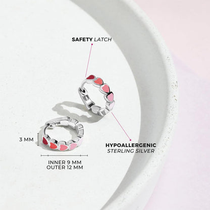 925 Sterling Silver Tiny Heart Enamel Huggie Hoop Earrings - Multicolored Heart Themed Hoops