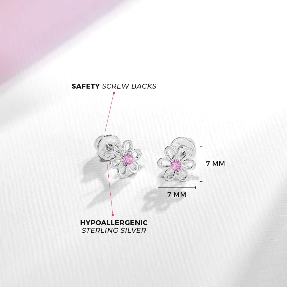 925 Sterling Silver CZ Flower Earrings - Hypoallergenic Screw Back Earrings for Girls & Toddlers - Lightweight, 7mm Flower Design