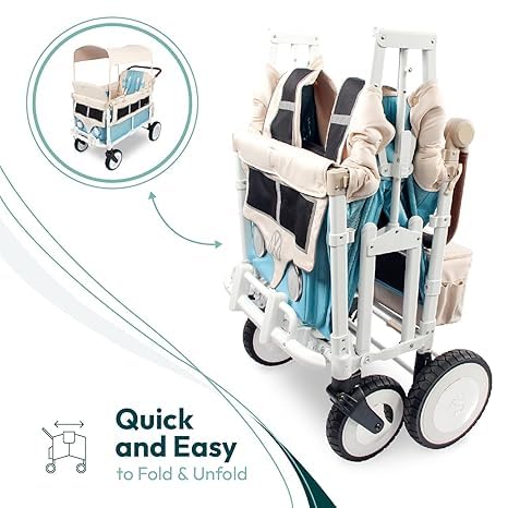 WONDERFOLD W4 Luxe Quad Stroller Wagon Featuring 4 High Face-to-Face Seats with Magnetic Buckle 5-Point Harnesses and Adjustable/Removable UV-Protection Canopy, Hunter Green