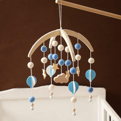 Baby Mobile for Crib, Wooden Baby Crib Mobile with Felt Ball Decor, Baby Crib Nursery Mobile Star Moon for Baby Boys and Girls, Boho Hanging Decor Baby Bed Bell Crib Rattle Hanging Wind Chime Blue
