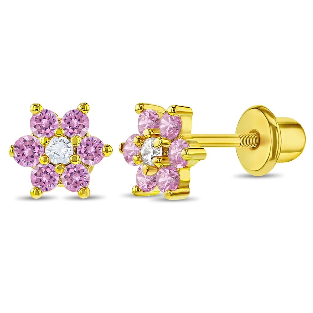Gold Plated Cubic Zirconia Flower Safety Screw Back Earrings for Babies and Toddlers 5mm - Delicate and Sparkling Flower Earrings for Little Girls - Lovely Floral Studs