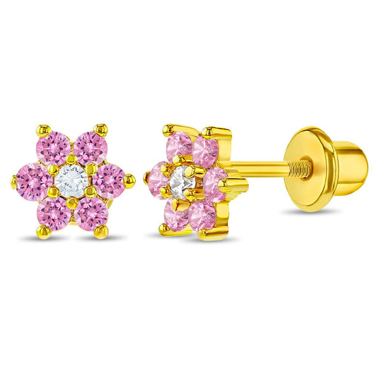 Gold Plated Cubic Zirconia Flower Safety Screw Back Earrings for Babies and Toddlers 5mm - Delicate and Sparkling Flower Earrings for Little Girls - Lovely Floral Studs