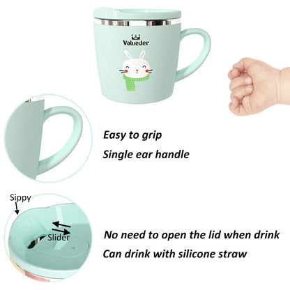 Baby Kids Toddler Sippy Cup Mug for Milk, Coffee, Stainless Steel Trainer Straw Cup with Lid, Fox, 7oz/Pink
