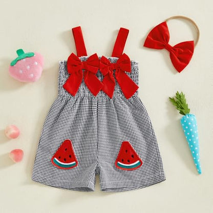 Boho Baby Girl Clothes Summer Toddler Tank Romper Sleeveless Bowknot Ruffle Overalls Jumpsuit Shorts With Headband