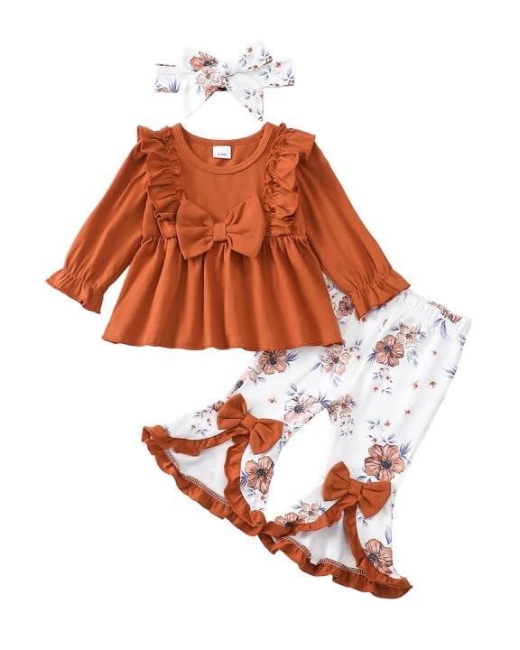 Toddler Baby Girl Clothes Fall/Winter Girls Outfits Ruffle Long Sleeve Tops Floral Flared Pants Girls' Clothing Sets