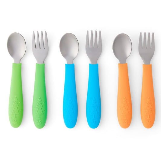 Elk and Friends Kids Silverware with Silicone Handle | Childrens Safe Flatware | Toddler Utensils | Baby Spoons + Forks | Stainless Steel Cutlery