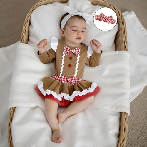 Baby Girl Christmas Outfit Gingerbread Ruffle Romper with Tutu Mini Skirt Shorts and Headband Set Fall Clothes
