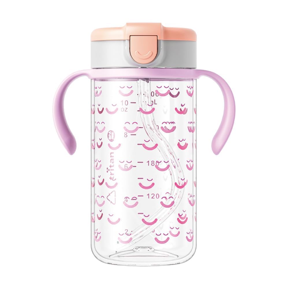 Evorie Tritan Spill Proof Toddler Straw Sippy Cup, 10 oz for Baby and Toddlers 1-3 Years Old, No Spill Straw Water Bottle with Removable Handles, Ideal for School, BPA-Free, Pink Rabbit