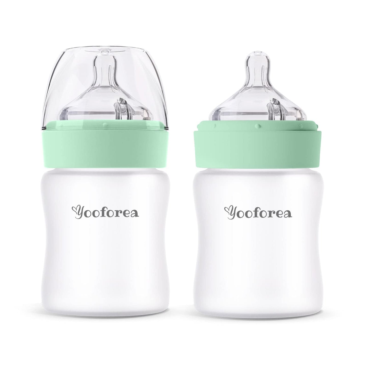 Yooforea Silicone Coated Glass Baby Bottle, 0M+ Slow Flow Nipple I Anti-Colic, Wide Neck, Stable Base I Medical-Grade Silicone Coating for Shatter Protection, BPA BPS PVC Free (3 Ounce-Honey)