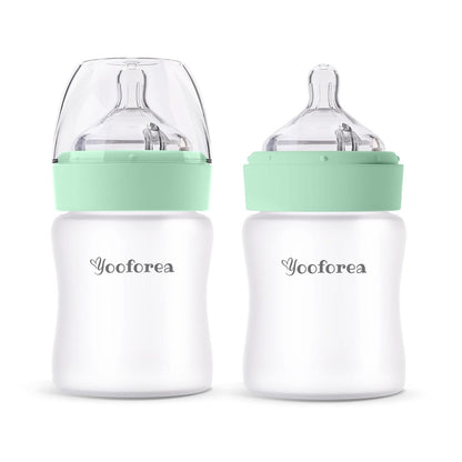 Yooforea Silicone Coated Glass Baby Bottle, 0M+ Slow Flow Nipple I Anti-Colic, Wide Neck, Stable Base I Medical-Grade Silicone Coating for Shatter Protection, BPA BPS PVC Free (3 Ounce-Honey)