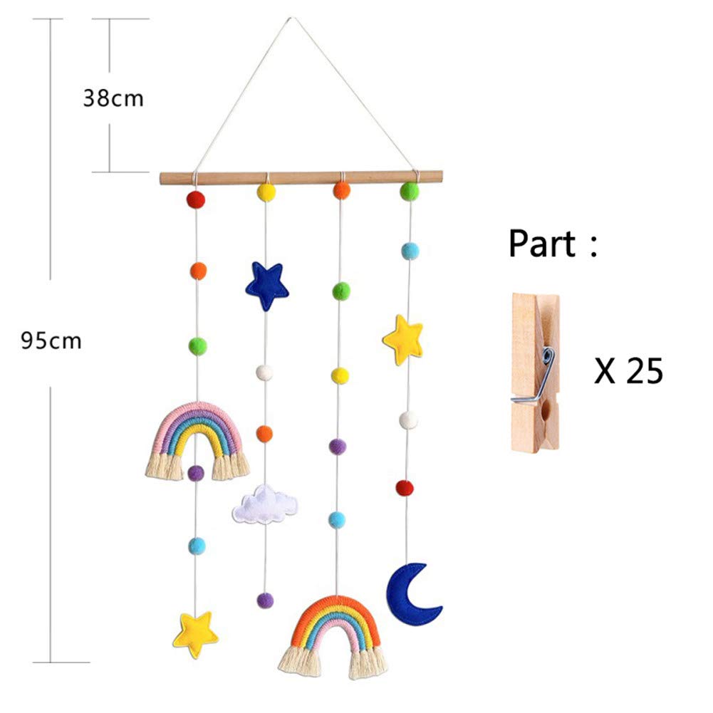 Macrame Rainbow Wall Hanging for Nursery Room,URMAGIC Rainbow Hanging Photo Display with Pom Pom Ball and 25 Photo Clips,Wood Mobile Bed Bell with Moon,Cloud and Stars,Baby Crib Hanging Toys