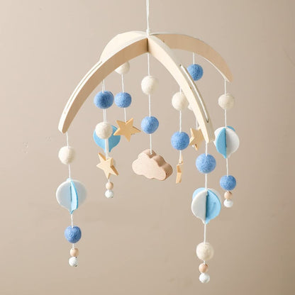 Baby Mobile for Crib, Wooden Baby Crib Mobile with Felt Ball Decor, Baby Crib Nursery Mobile Star Moon for Baby Boys and Girls, Boho Hanging Decor Baby Bed Bell Crib Rattle Hanging Wind Chime Blue