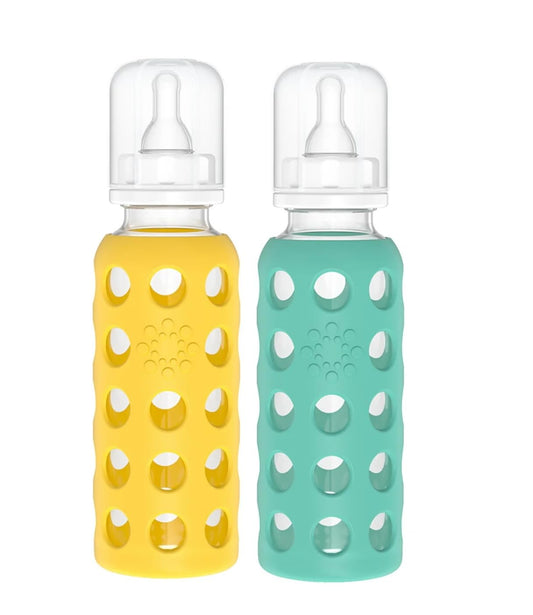 Lifefactory Glass Baby Bottles with Silicone Protection - 2-Pack, 9 oz Bottles, Mango & Kale