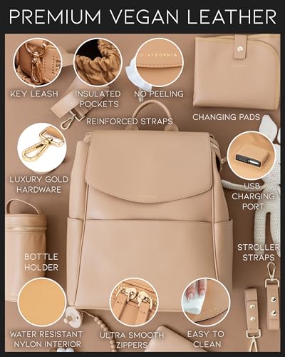 Leather Diaper Bag Backpack with USB Charging port, Changing Pad, Stroller Straps, and Bottle Holder (Brown Olivia)