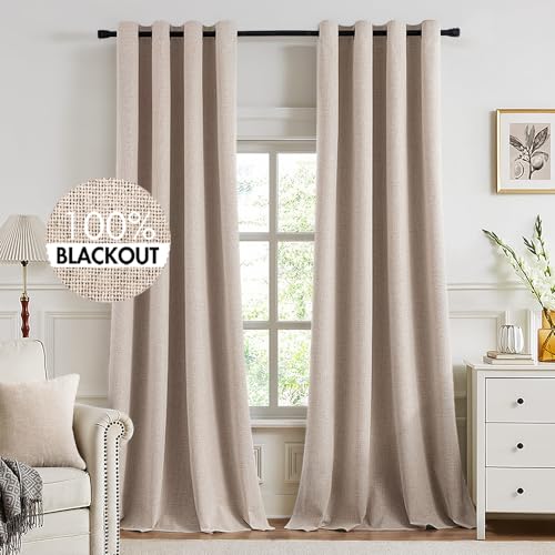 MIULEE 100% Blackout Linen Textured Curtains for Bedroom Solid Thermal Insulated Natural Beige Grommet Room Darkening Curtains & Drapes Luxury Decor for Living Room Nursery 52 x 84 Inch (2 Panels)