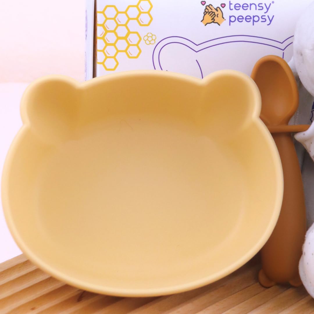 Bear Silicone Baby Bowl Suction Baby Spoon and Fork for Babies 6 months+ Suction Bowls for Baby Utensils 6-12M+ BLW Essentials (Peach Lilac)