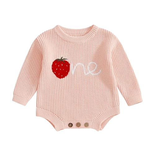 Baby Girl First Birthday Outfit One Year Old Strawberry Embroidery Knit Sweater Romper Warm Fall Winter Clothes