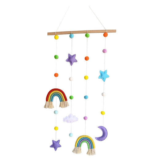 Macrame Rainbow Wall Hanging for Nursery Room,URMAGIC Rainbow Hanging Photo Display with Pom Pom Ball and 25 Photo Clips,Wood Mobile Bed Bell with Moon,Cloud and Stars,Baby Crib Hanging Toys