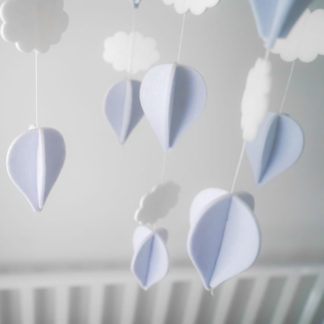 Handmade Baby Crib Mobile | White & Pale Grey | Hot Air Balloons & Clouds | Eco-Friendly Felt & Organic Beech Wood | Gender Neutral Nursery Decor | Simple & Modern Design