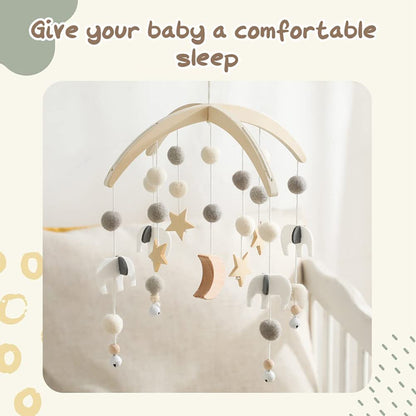 Baby Mobile for Crib, Wooden Baby Crib Mobile with Felt Ball Decor, Baby Crib Nursery Mobile Star Moon for Baby Boys and Girls, Boho Hanging Decor Baby Bed Bell Crib Rattle Hanging Wind Chime Blue