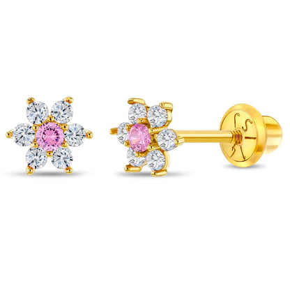 14k Yellow Gold Colorful Cubic Zirconia Flower Studs - Screw Back Earrings for Toddlers & Little Girls - Casual & Sparkly Flower Earrings for Children