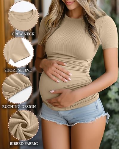 Ficerd 3 Pack Women's Maternity Shirts Cotton Short Sleeve Pregnancy Tops Side Ruched Ribbed Casual Mama tees Clothes