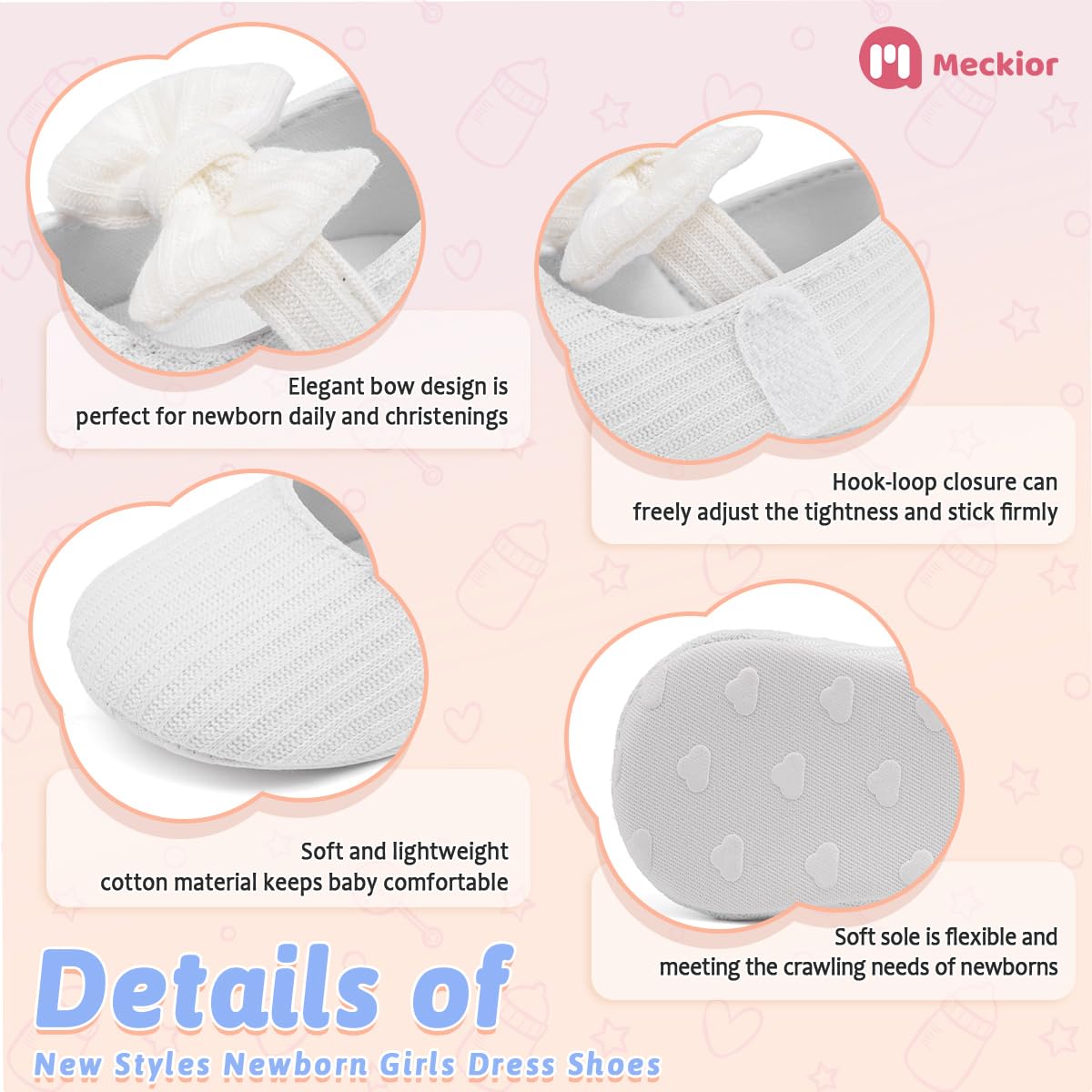 Meckior Newborn Baby Girls Dress Shoes Infant Bowknot Soft Sole Mary Jane Moccasins Baptism Christening Crib Shoes Wedding Princess Flats