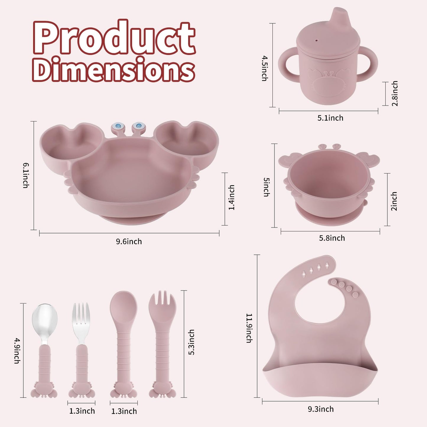 Silicone Baby Feeding Set with BPA-Free Suction Plates, Bowl, Silicone Bibs, Sippy Cup, 2 Set Forks and Spoons for Babies 8PCS Baby Led Weaning Supplies Self Feeding Utensils for Toddlers Kids (Pink)