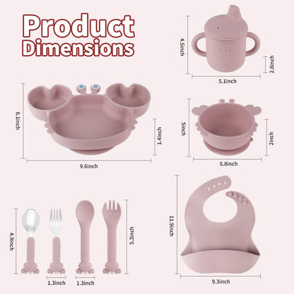Silicone Baby Feeding Set with BPA-Free Suction Plates, Bowl, Silicone Bibs, Sippy Cup, 2 Set Forks and Spoons for Babies 8PCS Baby Led Weaning Supplies Self Feeding Utensils for Toddlers Kids (Pink)