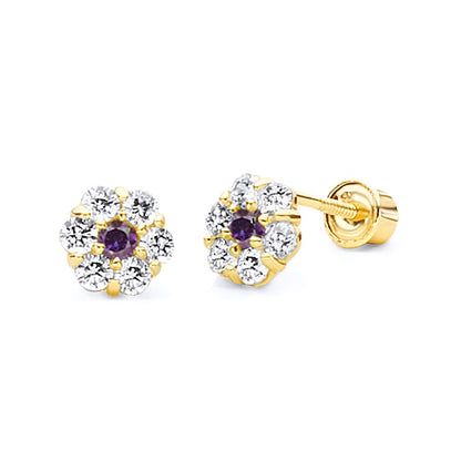 14k Yellow Gold Flower Stud Earrings with Screw Back - 12 Different Color Available
