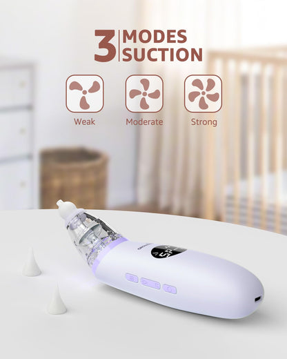 GROWNSY Nasal Aspirator for Baby | Baby Nose Sucker | Electric Nose Suction for Toddler, Ergonomic Booger Sucker with 3 Silicone Tips, Music & Light Soothing Function(White)