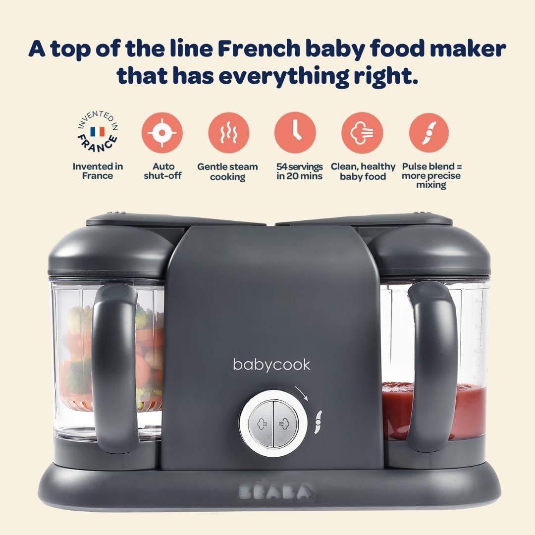 BEABA Babycook Duo 4 in 1 Baby Food Maker, Puree Steamer and Blender for Purees, Grinder with Auto Steam Cooking, Lrg 9.1 Cup Capacity, Makes 54 Servings in 20 Mins, Charcoal