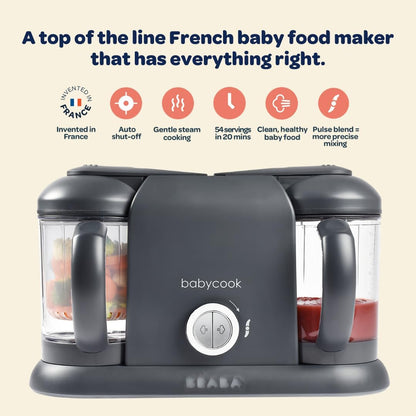 BEABA Babycook Duo 4 in 1 Baby Food Maker, Puree Steamer and Blender for Purees, Grinder with Auto Steam Cooking, Lrg 9.1 Cup Capacity, Makes 54 Servings in 20 Mins, Charcoal