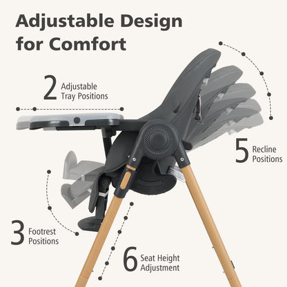 INFANS Baby High Chair, High Chairs for Babies & Toddlers with Adjustable Height Backrest Footrest Removable Tray, Easy to Clean PU Seat Convertible Quick Folding Portable Highchair (Dark Gray)