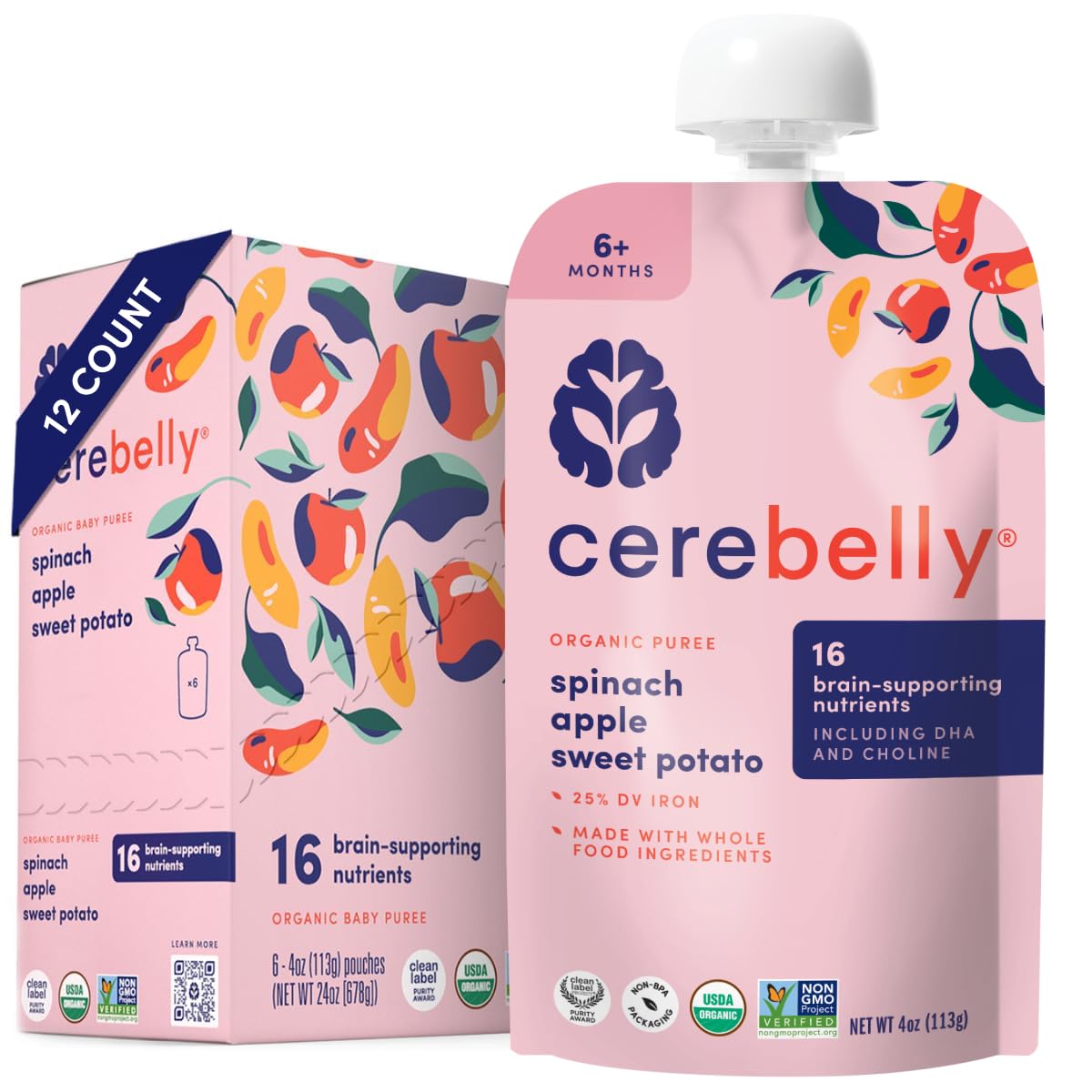 Cerebelly Organic Baby Food Pouches Variety Pack – Organic Veggie Purees for Toddlers | No Added Sugar, Fiber, Non-GMO | Blended Toddler Pouches | 4 Ounce BPA-Free Pouch | 4 Flavors | 8 Count