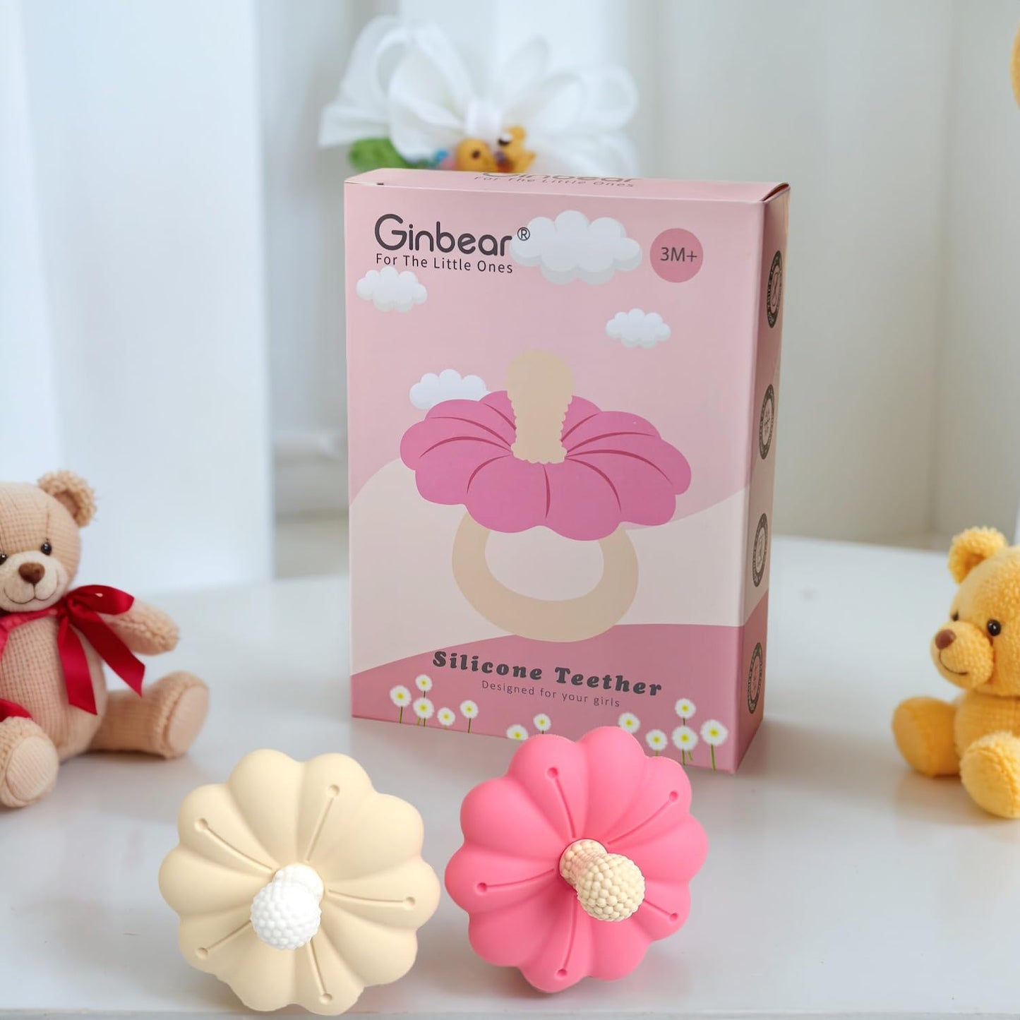 Ginbear Silicone Baby Teether for Girls, BPA Free Food Grade Infant Teething Toys, Soothing Baby Chew Toys, Sensory Teething Pain Relief Pacifier 3 Months + (Set of 2)
