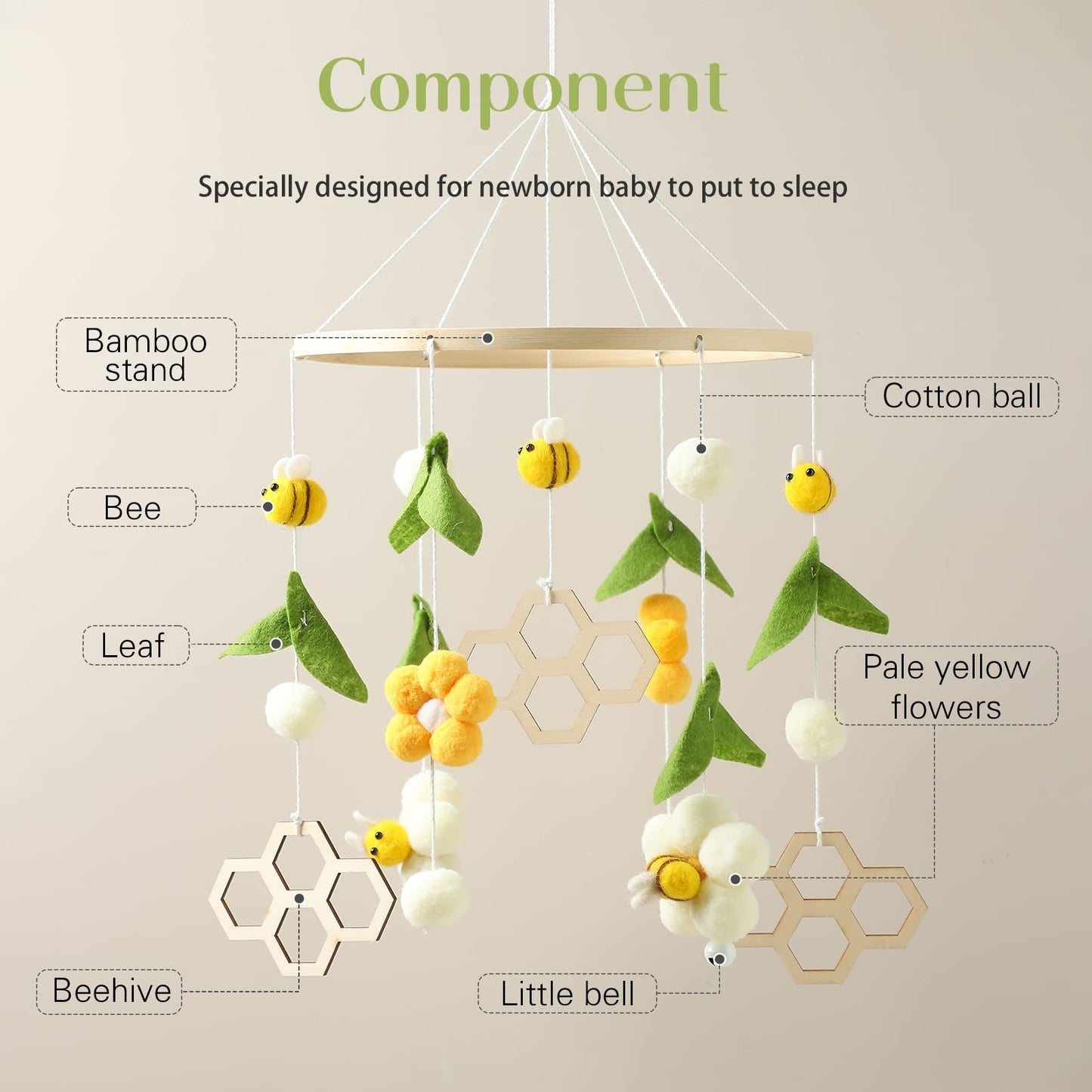 Baby Mobile for Crib, Nursery Mobile Decor, Bee Decoration for Infant, Soft Mobile for Boys and Girls