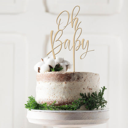 Wooden Oh Baby Cake Topper, New Baby Photo Booth Props, Wooden Cake Topper for Baby Shower or Birthday Decorations (Design02)