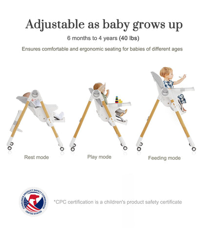 Convertible High Chairs for Babies and Toddlers, Height Adjustable Baby High Chair, High Chair with Removable Tray, Adjustable Backrest and Pedal, Portable Baby Dinning Chair with Lockable Wheels