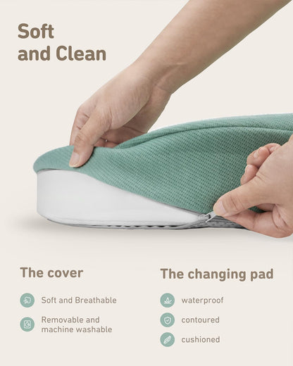 Blissful Diary Baby Changing Pad with Waterproof Lining Foam, Includes a Soft & Washable Cover, Contoured Changing Table Pads for Dresser Top with Non-Slip Bottom, 32”×16” (Grey, Avocado)