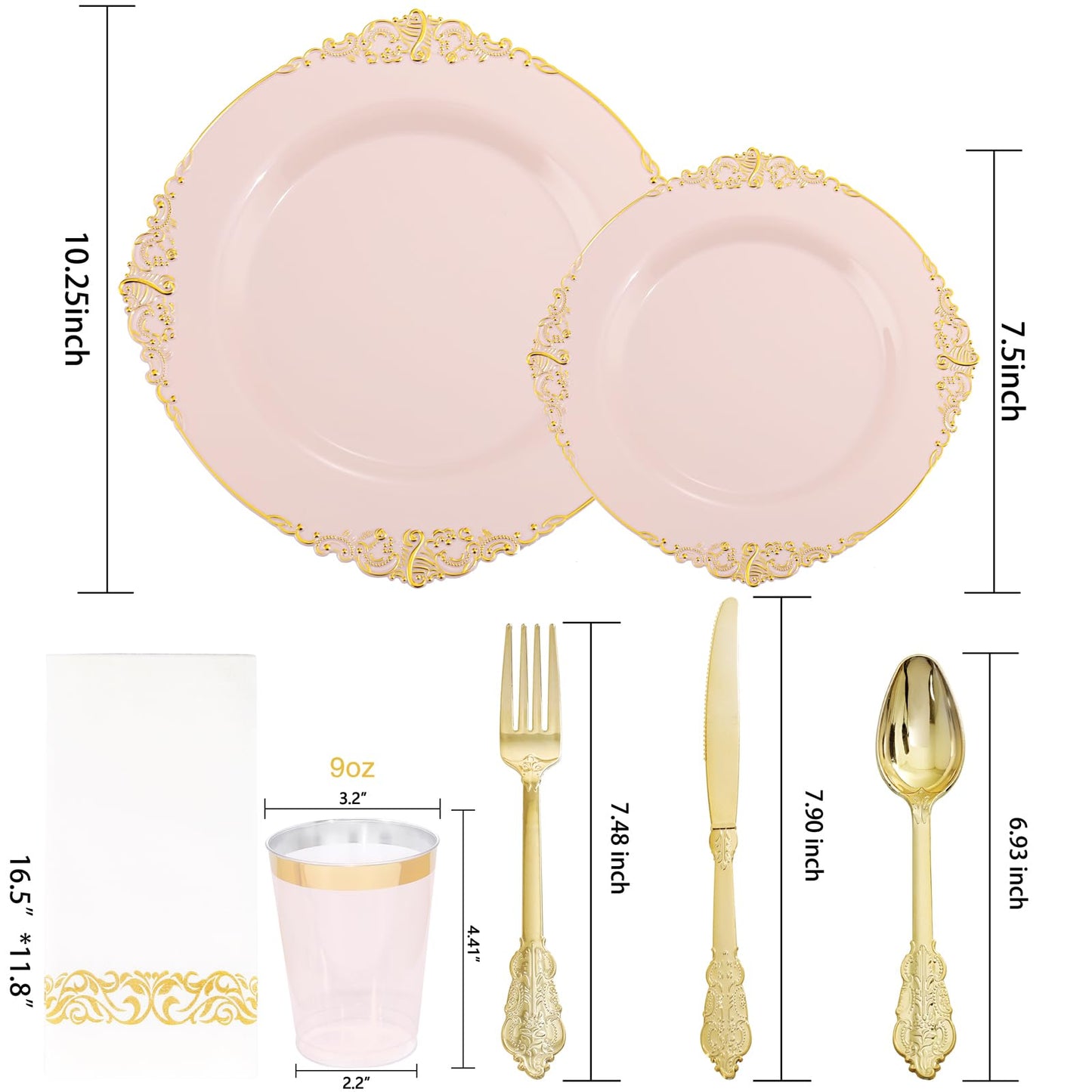 Morejoy 175PCS Rose Gold & Silver Plastic Dinnerware Set: 25 Plates, 25 Forks, 25 Knives, 25 Spoons, 25 Cups, 25 Napkins - Perfect for Wedding & Party