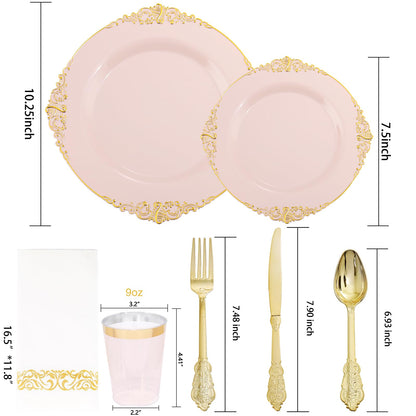 Morejoy 175PCS Rose Gold & Silver Plastic Dinnerware Set: 25 Plates, 25 Forks, 25 Knives, 25 Spoons, 25 Cups, 25 Napkins - Perfect for Wedding & Party