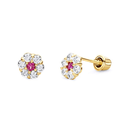14k Yellow Gold Flower Stud Earrings with Screw Back - 12 Different Color Available