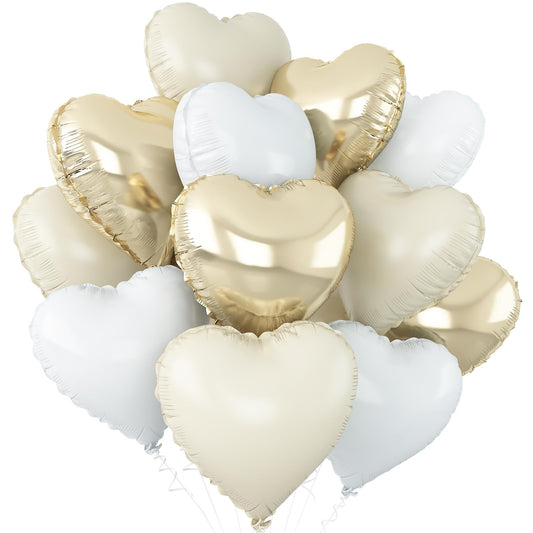 Sage Green Gold Heart Balloons,12Pcs Light Gold Heart Shaped Foil Balloons,18Inch Cream White Helium Mylar Balloon for Baby Shower Birthday Anniversary Wedding Party Decorations