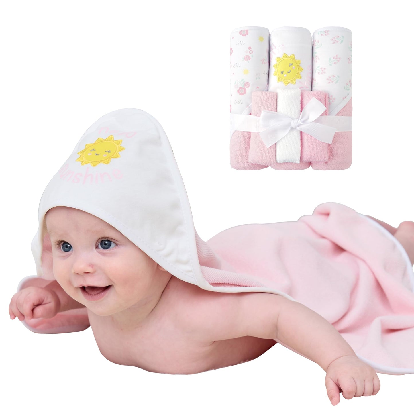 Viviland Baby Towels and Baby Wash Cloths Set Hooded Baby Towels Baby Wipes Absorbent Bath Face Towels Burp Cloths or Face Towels for Girl Boy 6-Pack Size 28 x 28 Inch(Elephant Flower)