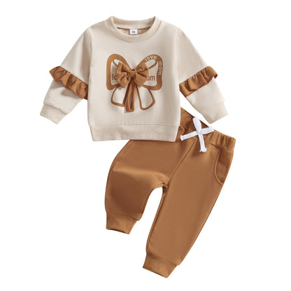 Kupretty Baby Girl Clothes Toddler Fall Winter Outfit Ruffles Crewneck Bow Pullover Sweatshirt + Joggers Pants Set