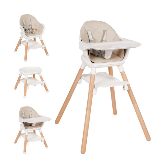 Baby High Chair, 6 in 1 Wooden Convertible High Chairs for Babies and Toddlers, Booster Seat with Double Tray & Reversible Footrest, 5-Point Harness Infants Feeding Seat, Black