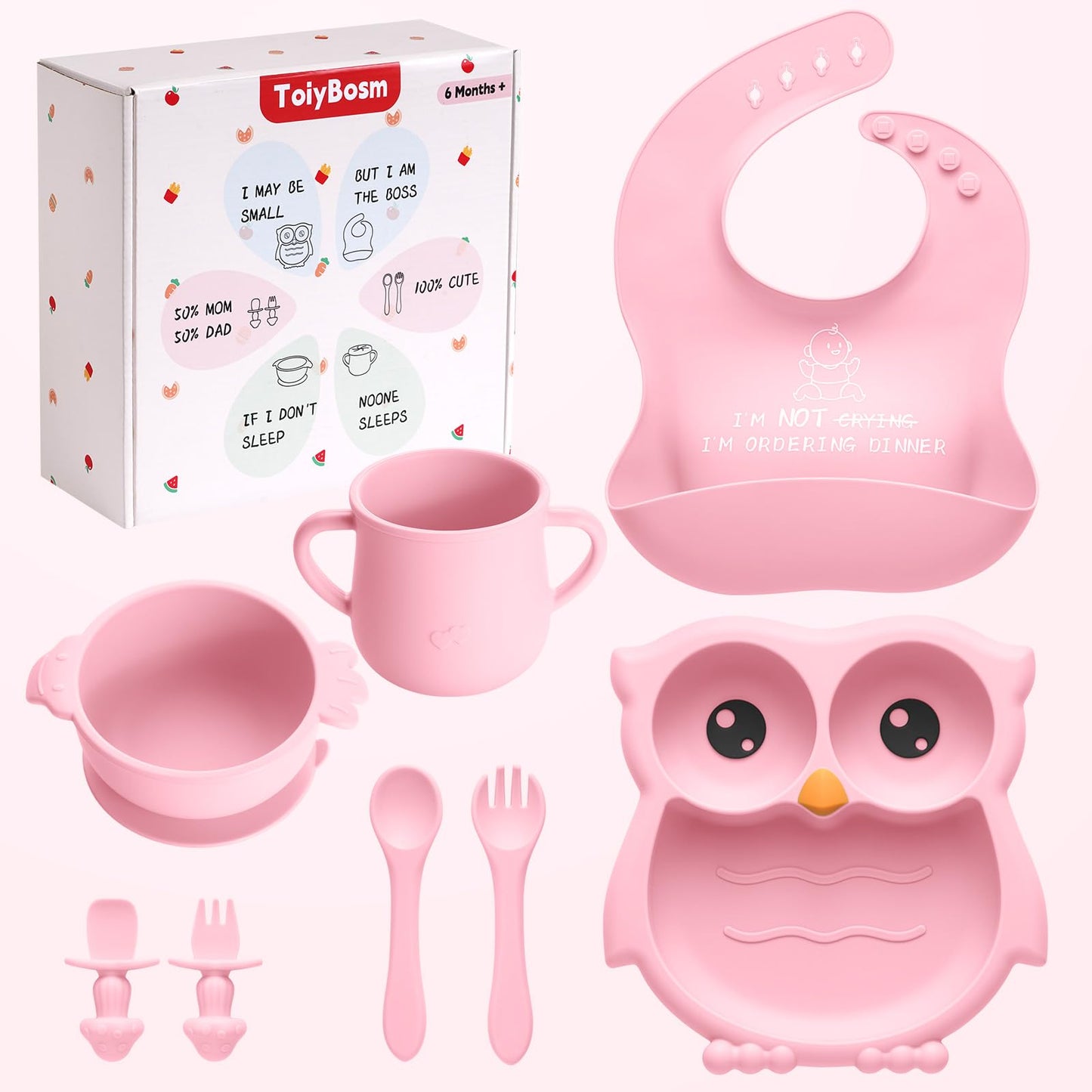 Silicone Baby Feeding Set, 8 Pcs Baby Led Weaning Supplies, Baby Feeding Essentials for 6+ Months, Toddler Weaning Set with Bib, Baby Plate and Bowl with suction(Pink-ToiyBosm Design)